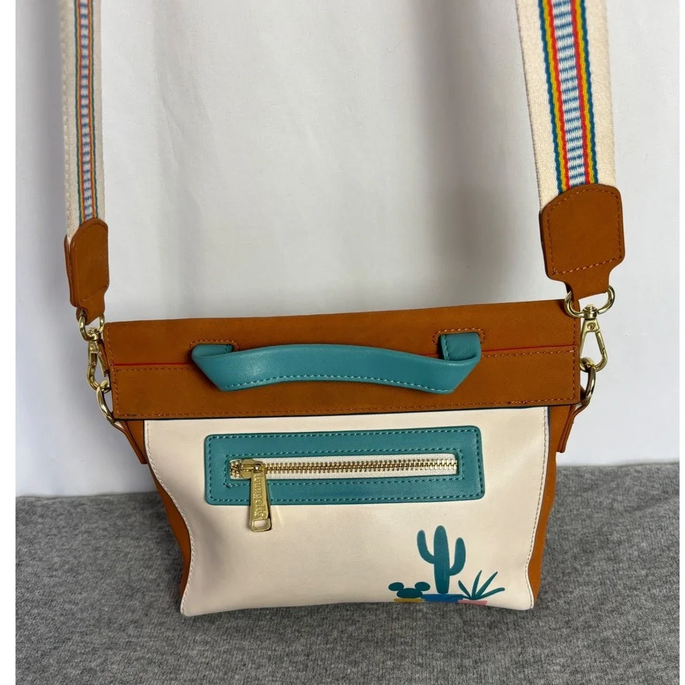Disney Loungefly Cactus Succulent Hidden Mickey Crossbody Bag Brown Teal Cream